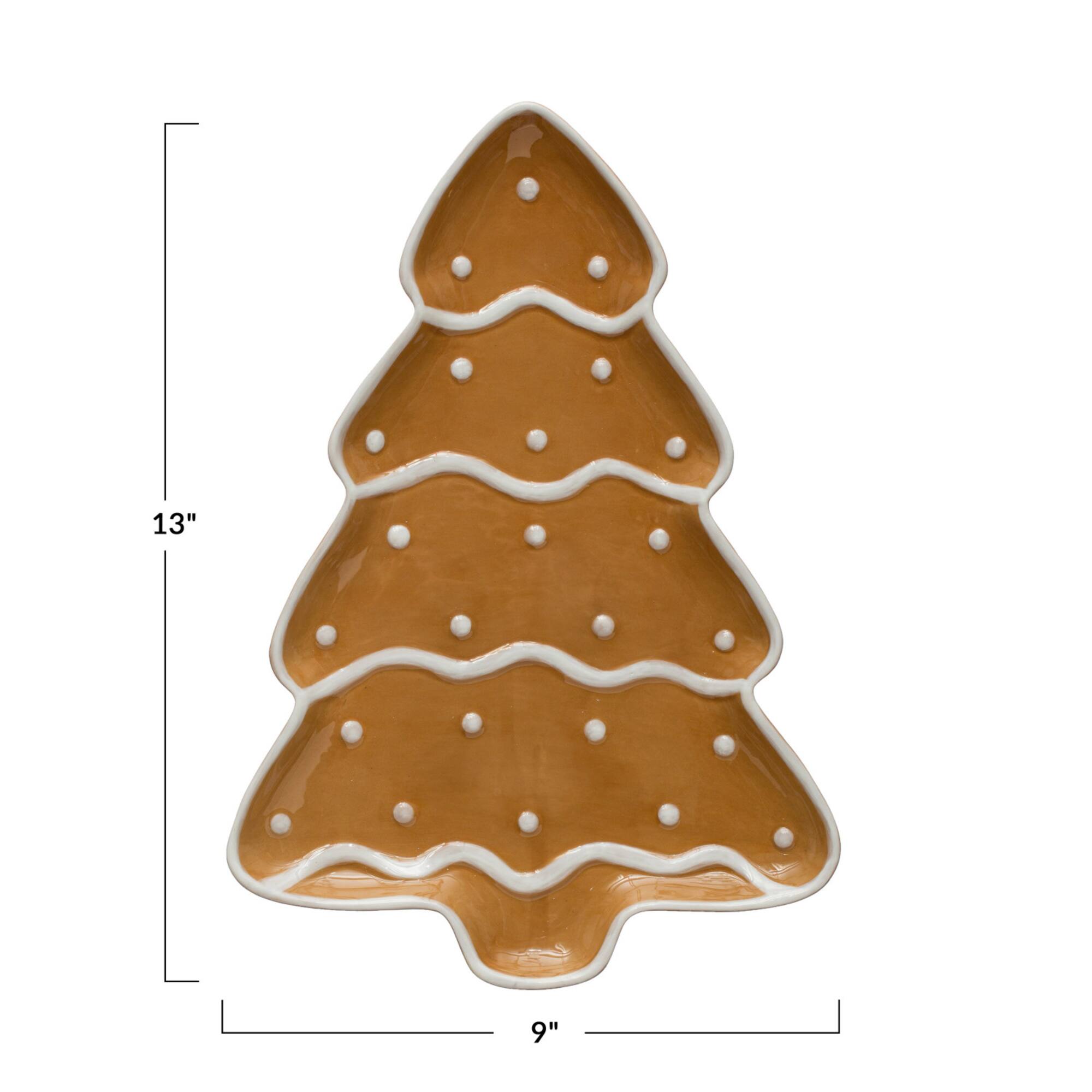 Hello Honey® 13" Brown & White Hand-Painted Ceramic Gingerbread Tree Shaped Platter